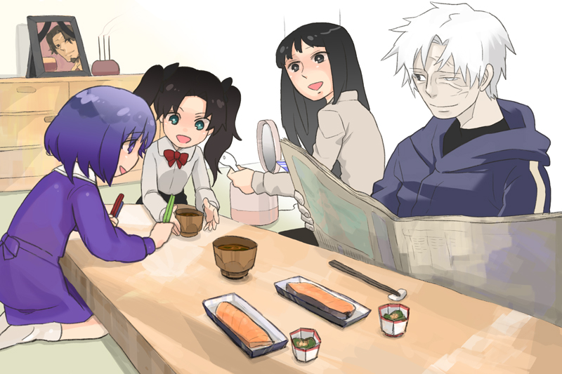 tohsaka rin, matou sakura, matou kariya, tohsaka tokiomi, and tohsaka aoi (fate and 1 more) drawn by iwatobineko