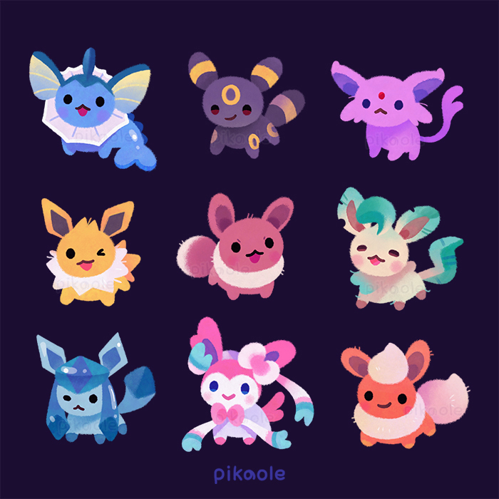eevee, sylveon, umbreon, glaceon, vaporeon, and 4 more (pokemon) drawn by pikaole