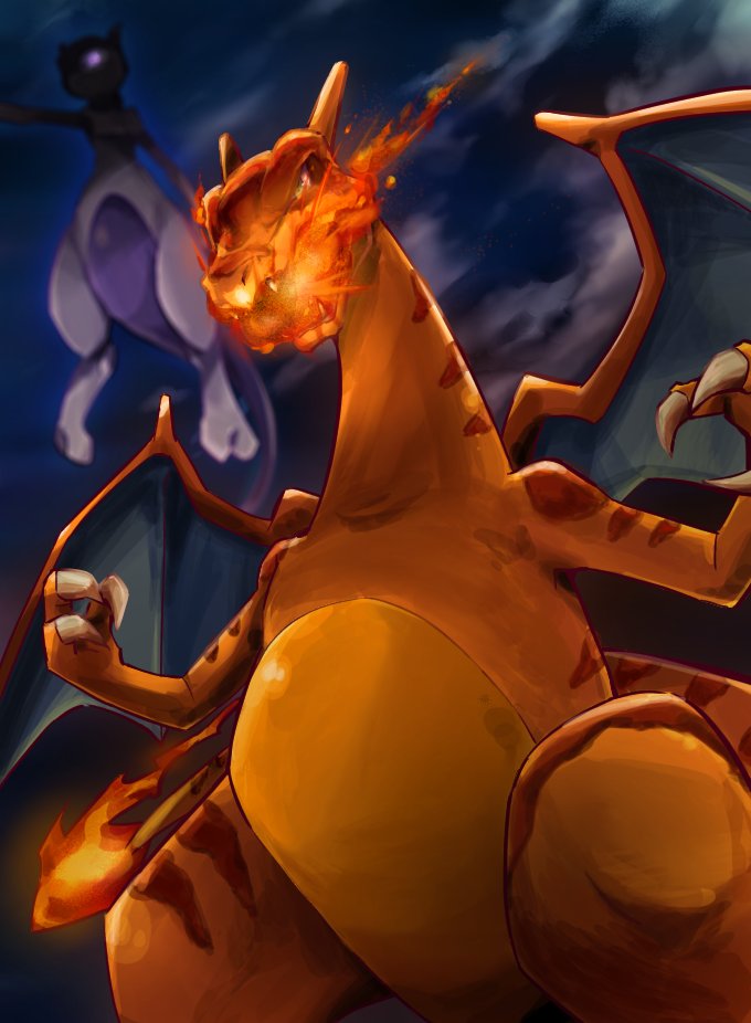 charizard, mewtwo, and charmandertwo (pokemon and 2 more) drawn by ayo_(ayosanri009)