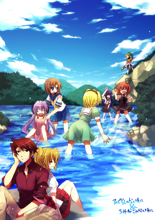furude rika, ryuuguu rena, houjou satoko, ushiromiya battler, sonozaki mion, and 3 more (higurashi no naku koro ni and 1 more) drawn by suzushiro_kurumi