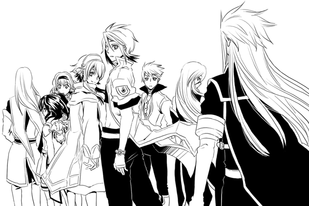 tear grants, luke fon fabre, anise tatlin, natalia luzu kimlasca lanvaldear, jade curtiss, and 4 more (tales of and 1 more) drawn by miho_(mi)