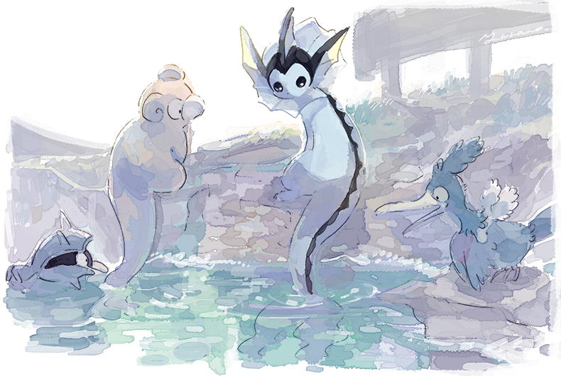 vaporeon, slowpoke, shellder, and cramorant (pokemon) drawn by yurano_(upao)