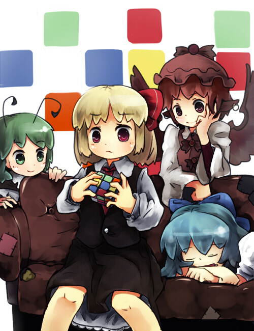 cirno, rumia, mystia lorelei, and wriggle nightbug (touhou) drawn by murani