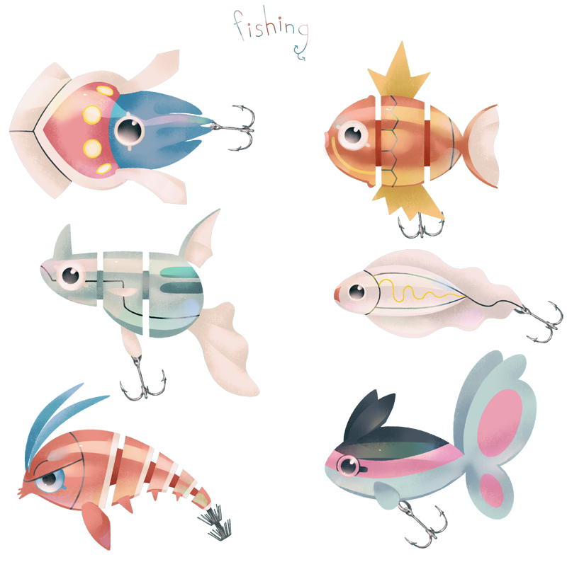 magikarp, remoraid, finneon, inkay, tynamo, and 1 more (pokemon) drawn by  pinkgermy
