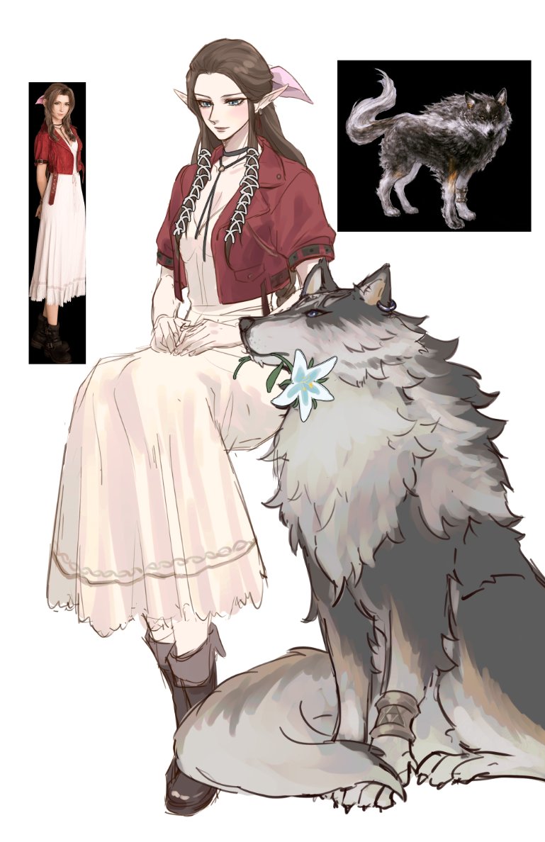 link, princess zelda, aerith gainsborough, wolf link, and torgal (final fantasy and 5 more) drawn by kurokawa_karasu