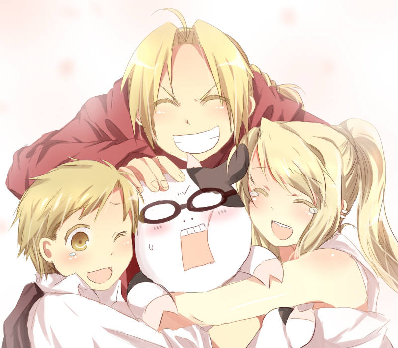 edward elric, alphonse elric, winry rockbell, and arakawa hiromu (fullmetal alchemist) drawn by mitsu_yomogi