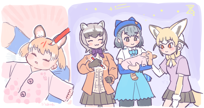 large-spotted genet, hikari, rueppell's fox, and crab-eating raccoon (kemono friends and 1 more) drawn by imnim_leef