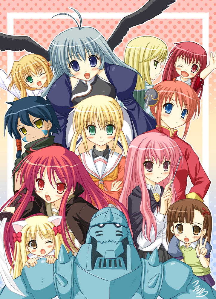 shana, louise francoise le blanc de la valliere, kagura, alphonse elric, sanzen'in nagi, and 7 more (lyrical nanoha and 13 more) drawn by uehiro