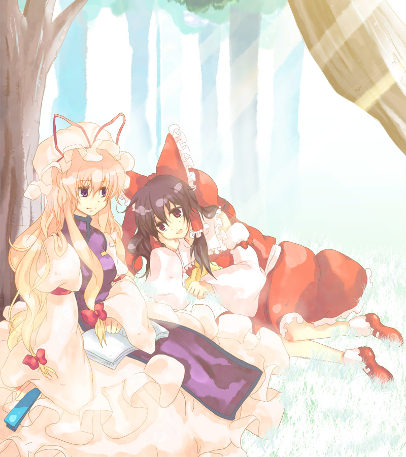 hakurei reimu and yakumo yukari (touhou) drawn by akarino_(yucco)