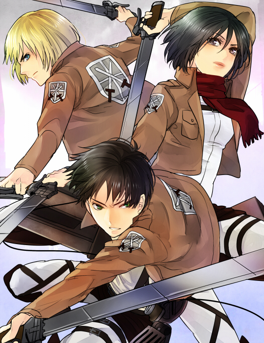 mikasa ackerman, eren yeager, and armin arlert (shingeki no kyojin) drawn by kanameyura