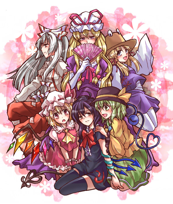 flandre scarlet, komeiji koishi, yakumo yukari, fujiwara no mokou, moriya suwako, and 1 more (touhou) drawn by kegani