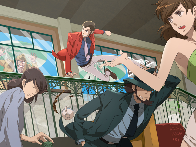 arsene lupin iii, jigen daisuke, mine fujiko, ishikawa goemon xiii, and zenigata kouichi (lupin iii) drawn by shin'ya_(midnight_rain)