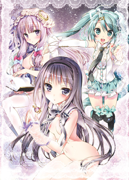 hatsune miku, patchouli knowledge, and akemi homura (touhou and 2 more) drawn by kamiya_maneki