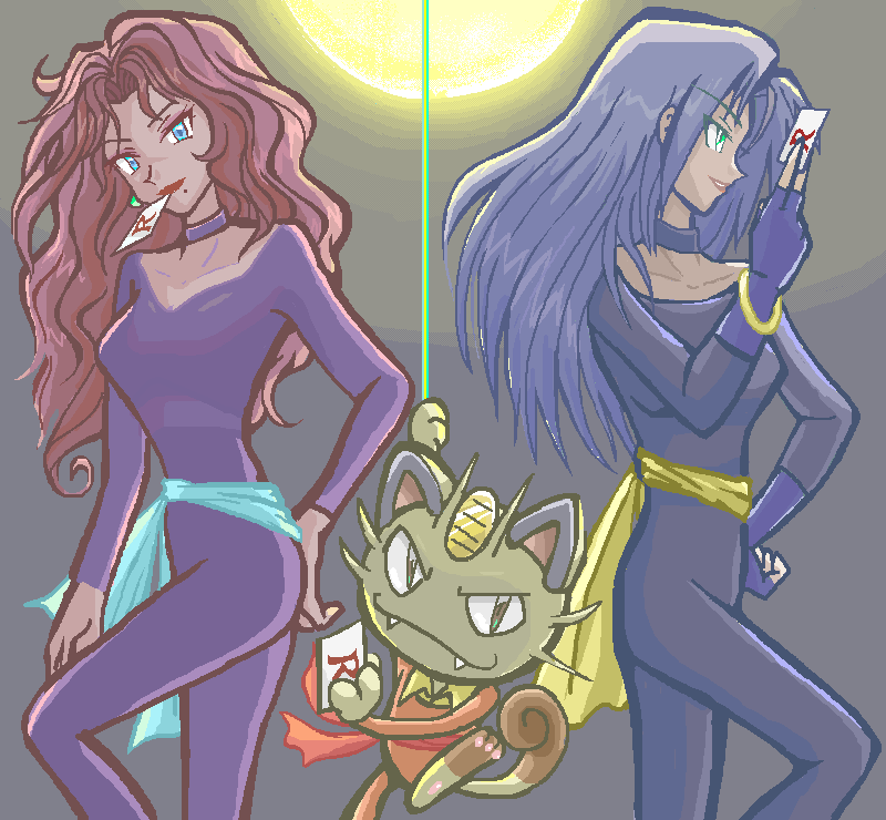 jessie, james, meowth, kisugi hitomi, and kisugi ai (pokemon and 1 more) drawn by gardear058