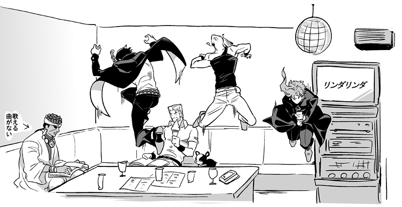 joseph joestar, kujo jotaro, kakyoin noriaki, jean pierre polnareff, mohammed avdol, and 1 more (jojo no kimyou na bouken and 1 more) drawn by funaki_kazuo