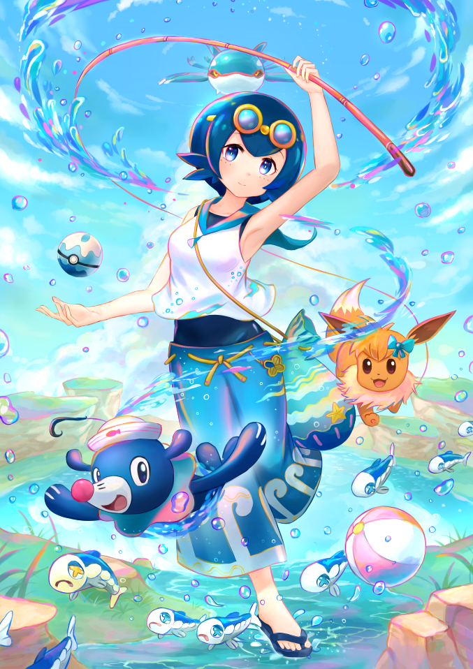 eevee, lana, popplio, kyogre, and wishiwashi (pokemon and 1 more) drawn by kutsunohito