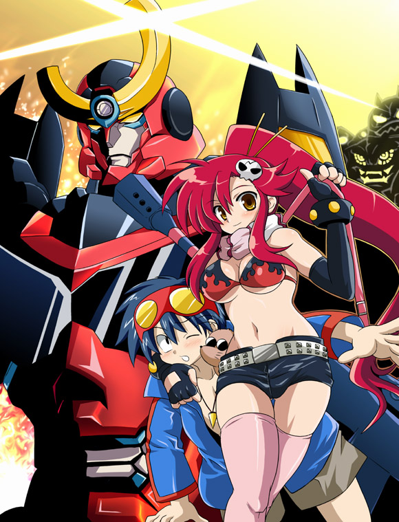 yoko littner, simon, boota, and gurren-lagann (tengen toppa gurren lagann) drawn by waiai
