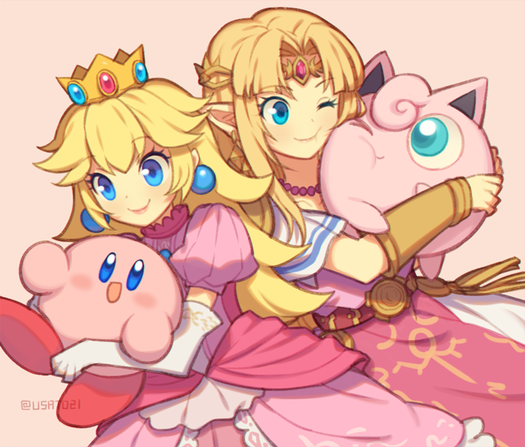 princess zelda, kirby, princess peach, and jigglypuff (pokemon and 5 more) drawn by wusagi2
