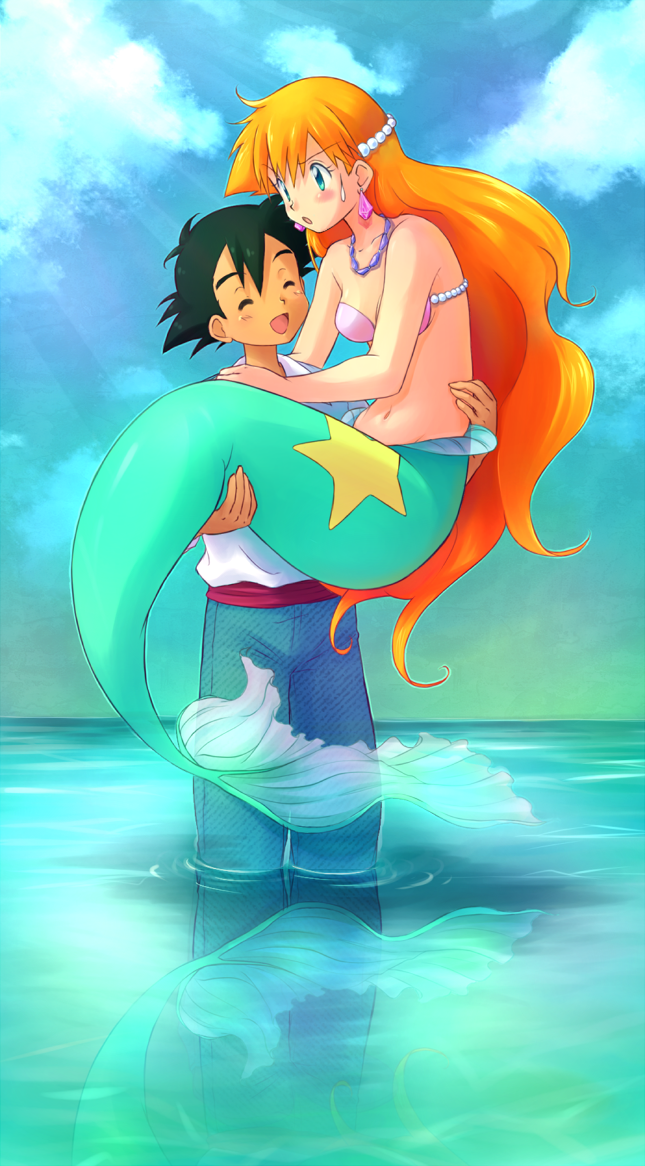 ash ketchum, misty, and mermaid misty (pokemon) drawn by mimicom