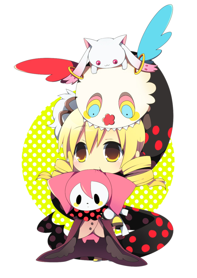 tomoe mami, kyubey, and charlotte (mahou shoujo madoka magica) drawn by soranagi