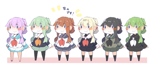 inazuma, yuudachi, yuudachi kai ni, kitakami, yuubari, and 3 more (kantai collection) drawn by pekeko_(pepekekeko)