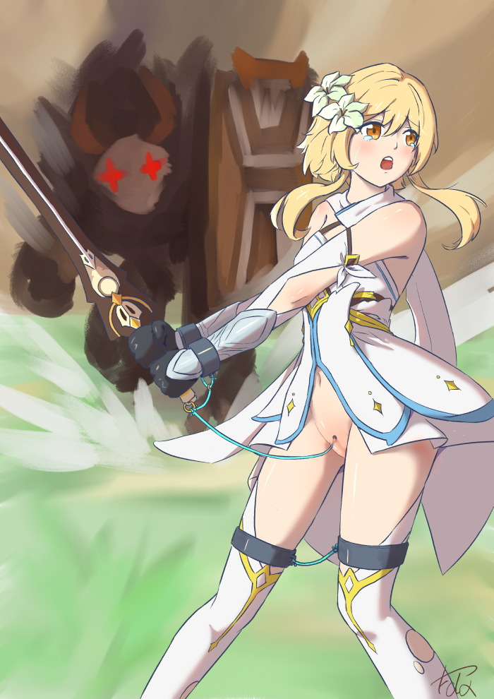 lumine and hilichurl (genshin impact) drawn by user_ezuu4527