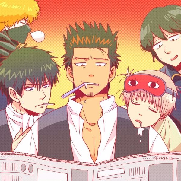 okita sougo, hijikata toushirou, kondou isao, yamazaki sagaru, and saitou shimaru (gintama) drawn by 3mm