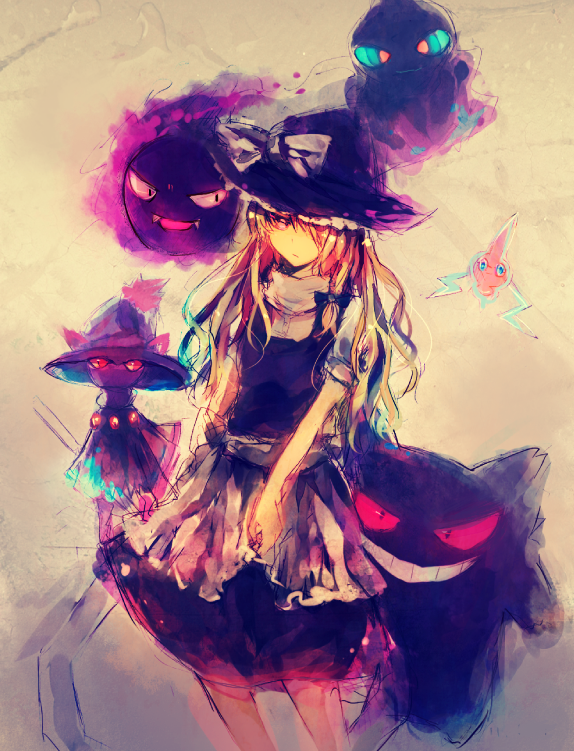 kirisame marisa, rotom, gengar, gastly, mismagius, and 1 more (touhou and 1 more) drawn by minetani