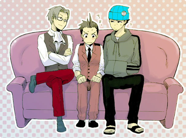 phoenix wright, miles edgeworth, and apollo justice (ace attorney and 1 more) drawn by 70_oku_no_bun_no_1