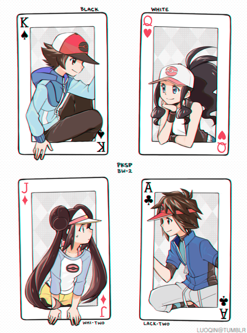 rosa, hilda, hilbert, and nate (pokemon and 1 more) drawn by luo-qin