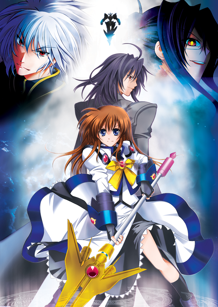 takamachi nanoha, raising heart, daijuuji kurou, and nya (lyrical nanoha and 3 more) drawn by kagura_yuuto