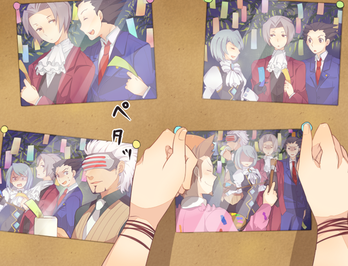 phoenix wright, miles edgeworth, maya fey, franziska von karma, godot, and 1 more (ace attorney and 1 more) drawn by kisaki_nana