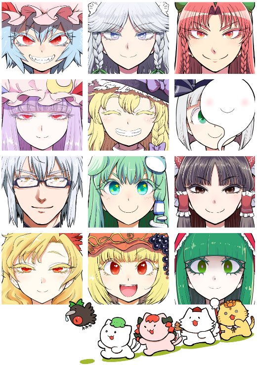 hakurei reimu, kirisame marisa, remilia scarlet, izayoi sakuya, kochiya sanae, and 12 more (touhou) drawn by minato_hitori