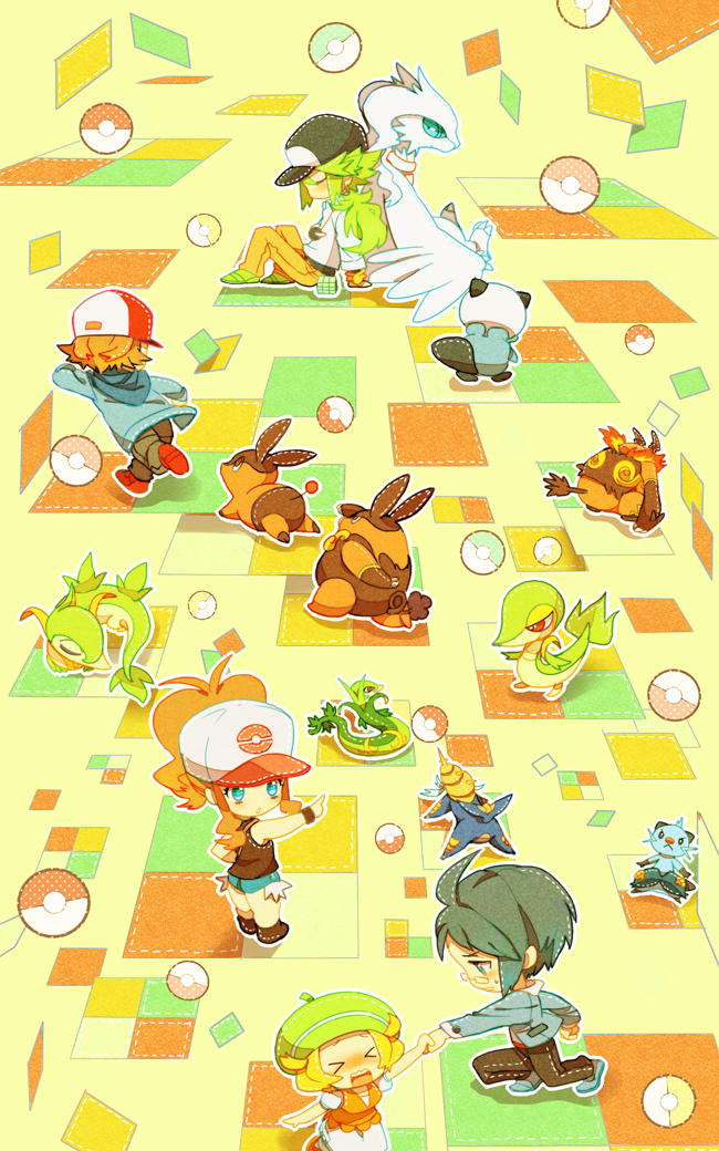 hilda, hilbert, n, oshawott, snivy, and 10 more (pokemon and 1 more) drawn by fushitasu