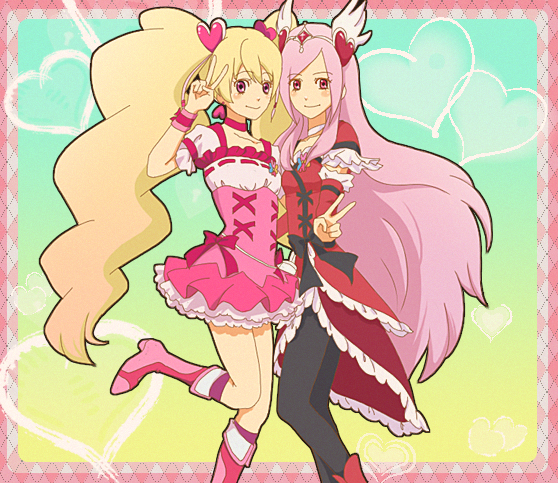higashi setsuna, momozono love, cure peach, and cure passion (precure and 1 more) drawn by meguru152