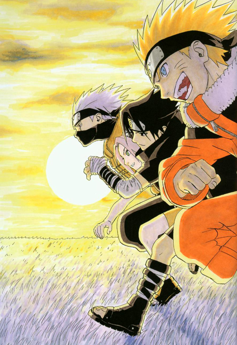 haruno sakura, uzumaki naruto, uchiha sasuke, and hatake kakashi (naruto) drawn by kishimoto_masashi