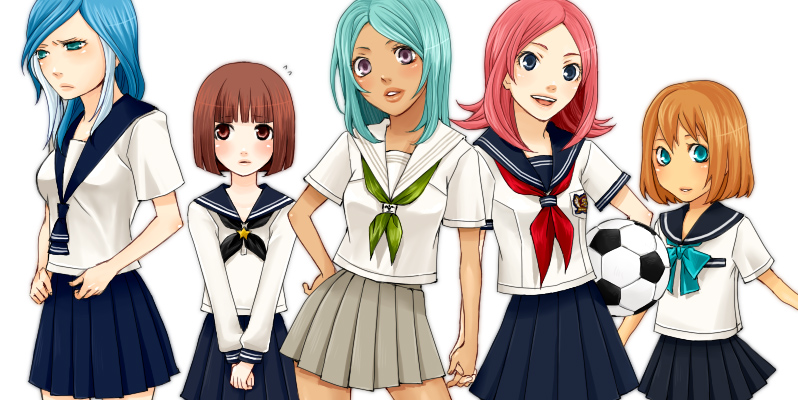 urubida, zaizen touko, urabe rika, araya konko, and kyan rinka (inazuma eleven) drawn by rikko_(jellyberry)