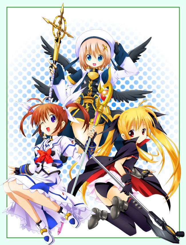 fate testarossa, takamachi nanoha, yagami hayate, raising heart, schwertkreuz, and 1 more (lyrical nanoha and 2 more) drawn by michii_yuuki