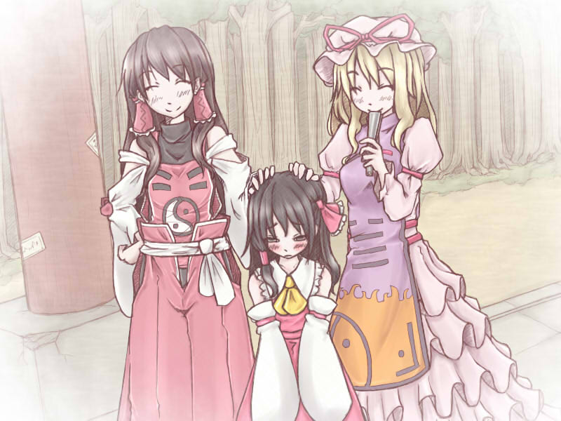 hakurei reimu, yakumo yukari, and sendai hakurei no miko (original and 3 more) drawn by aosiro-michi