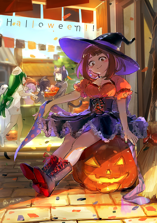 uraraka ochaco, asui tsuyu, yaoyorozu momo, ashido mina, and jiro kyoka (boku no hero academia) drawn by anezu