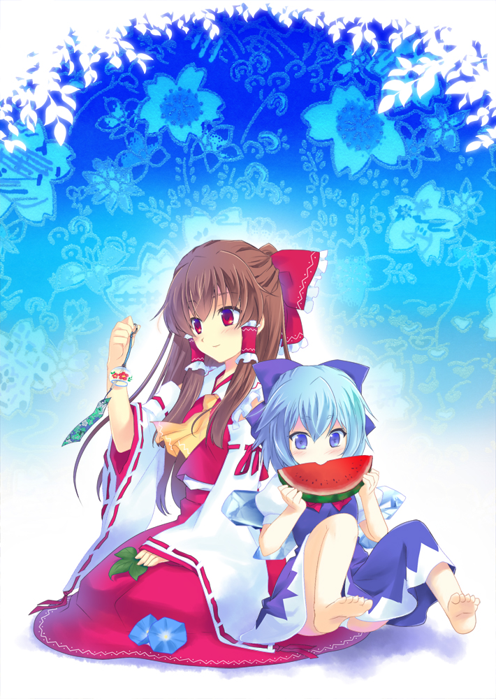 hakurei reimu and cirno (touhou) drawn by soukuu_kizuna