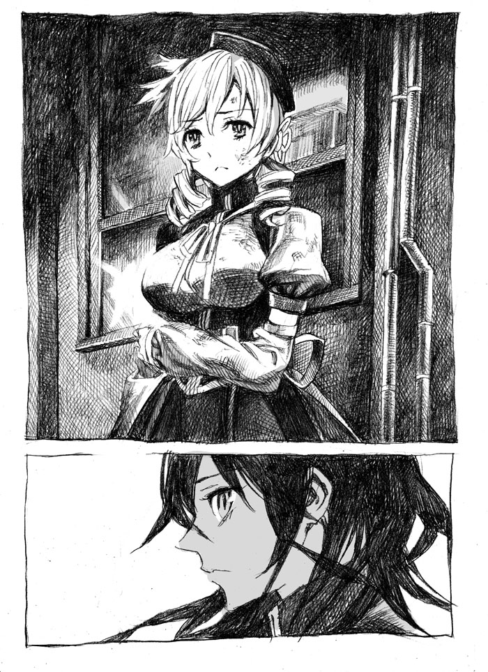akemi homura and tomoe mami (mahou shoujo madoka magica) drawn by nobita_(makoto7060355)