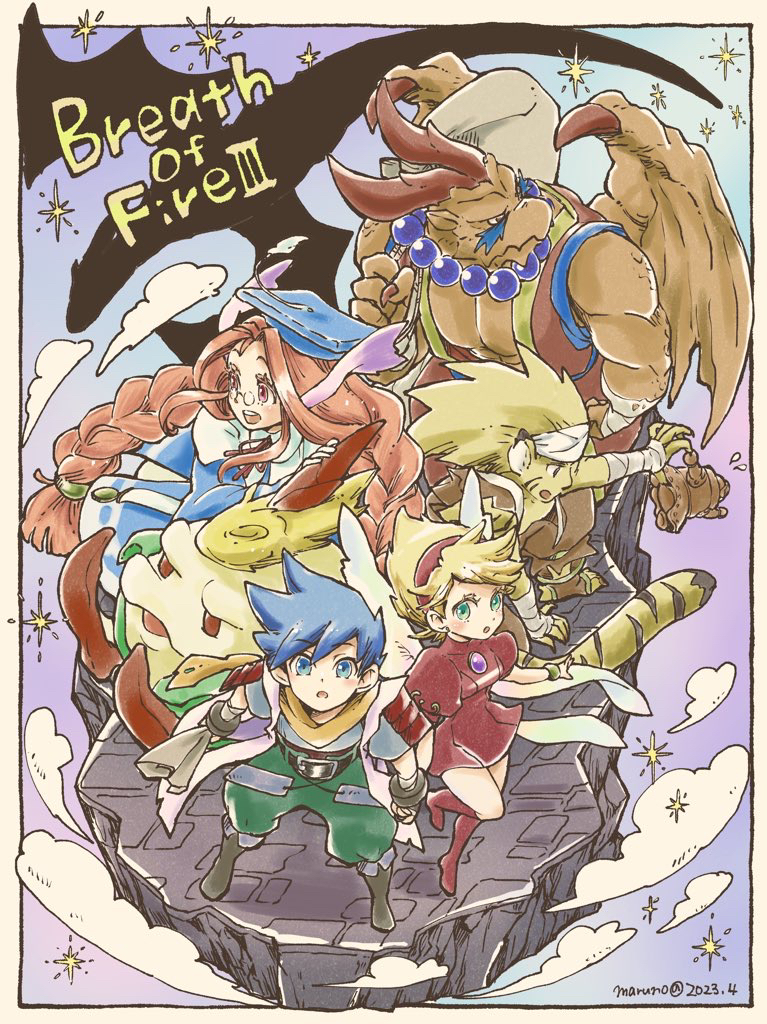 nina, ryu, momo, rei, garr, and 2 more (breath of fire and 1 more) drawn by maruno