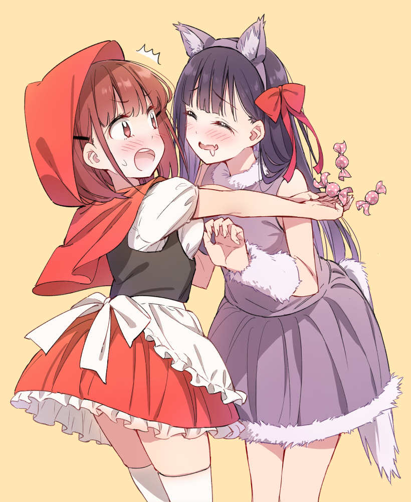 little red riding hood, big bad wolf, hinamori ichigo, and suou yaya (little red riding hood and 1 more) drawn by tsuke_(maholabo)