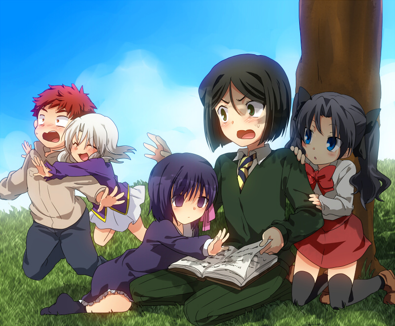 tohsaka rin, illyasviel von einzbern, emiya shirou, matou sakura, and waver velvet (fate and 1 more) drawn by marimo_danshaku