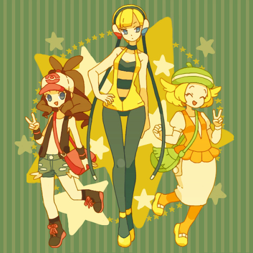 hilda, elesa, and bianca (pokemon and 1 more) drawn by ikra_(katacoly)