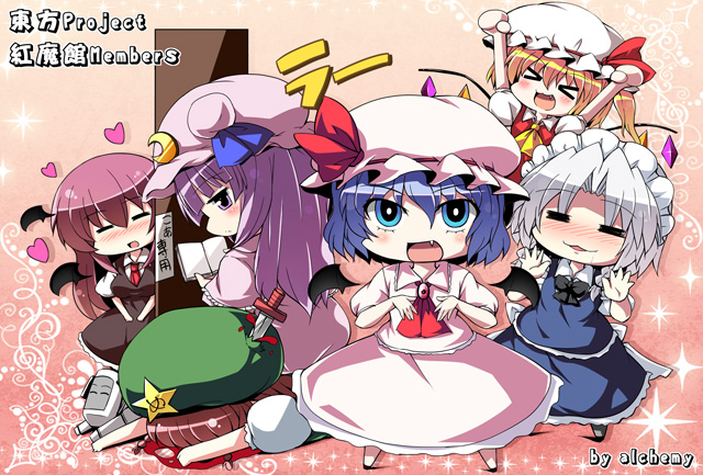 remilia scarlet, flandre scarlet, izayoi sakuya, patchouli knowledge, hong meiling, and 2 more (touhou and 3 more) drawn by tekehiro