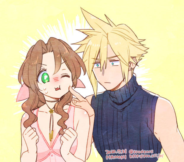 cloud strife and aerith gainsborough (final fantasy and 2 more) drawn by krudears