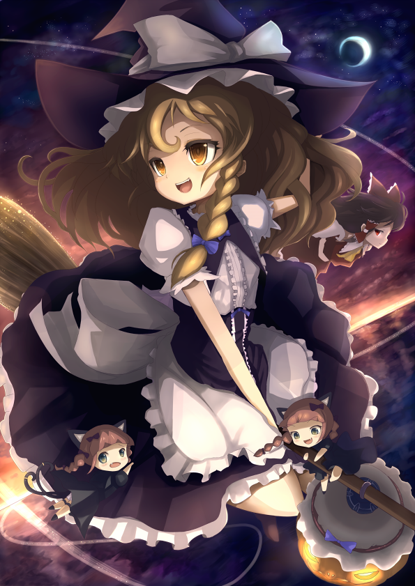 hakurei reimu, kirisame marisa, and kaenbyou rin (touhou) drawn by sanntouhei