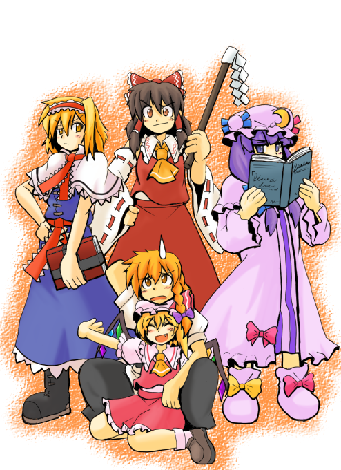 hakurei reimu, kirisame marisa, flandre scarlet, alice margatroid, and patchouli knowledge (touhou) drawn by harukatron